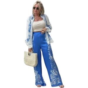 Zara Silky Baroque Print Wide-Leg Palazzo Pants Blue White Women’s Medium